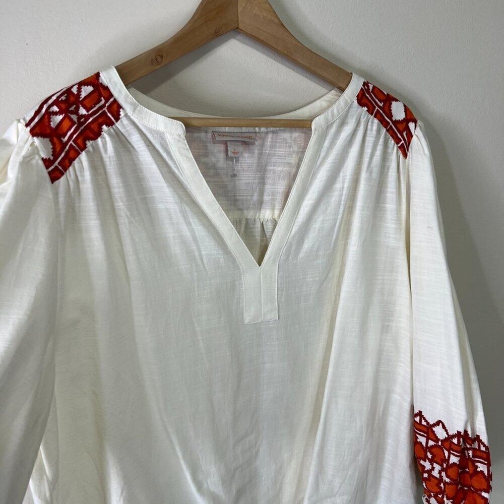 Knox Rose Abstract Print Woven Top Size L Cream Balloon 3/4 Sleeve V Neck - Picture 4 of 6